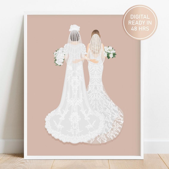 Two Brides Back View Generational Wedding Illustration Poster