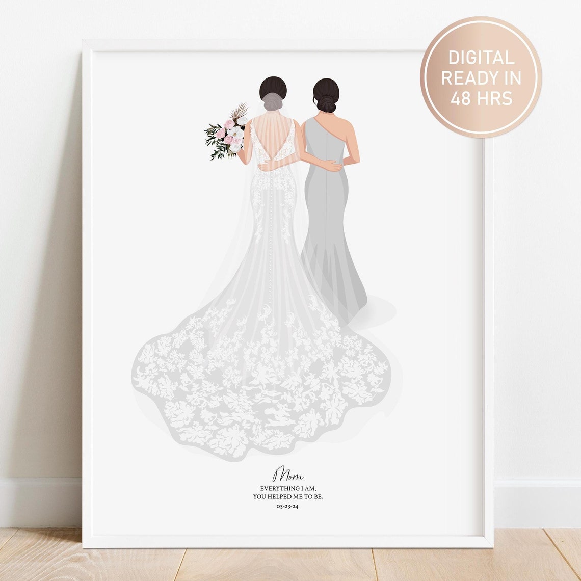 Bride With Mom in Gray Gown Back View Wedding Tribute Poster