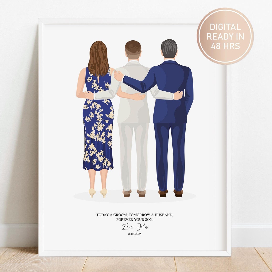 Groom With Parents Arms Around Back View Wedding Tribute Poster