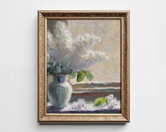 White Lilac Bouquet Oil Painting Rustic Floral Still Life Vase Print
