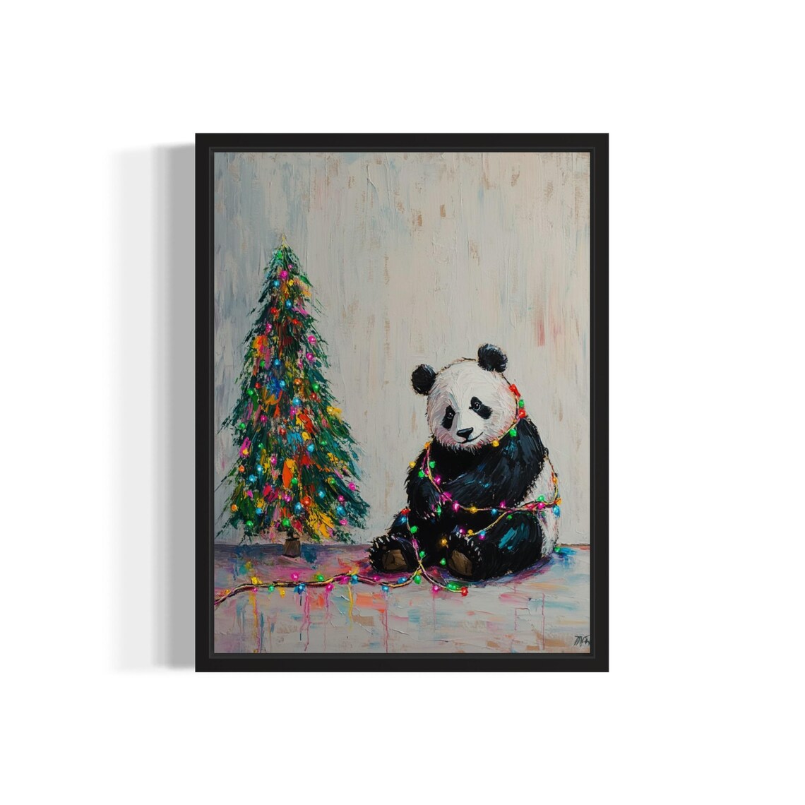 Panda Tangled In Christmas Lights Art Print