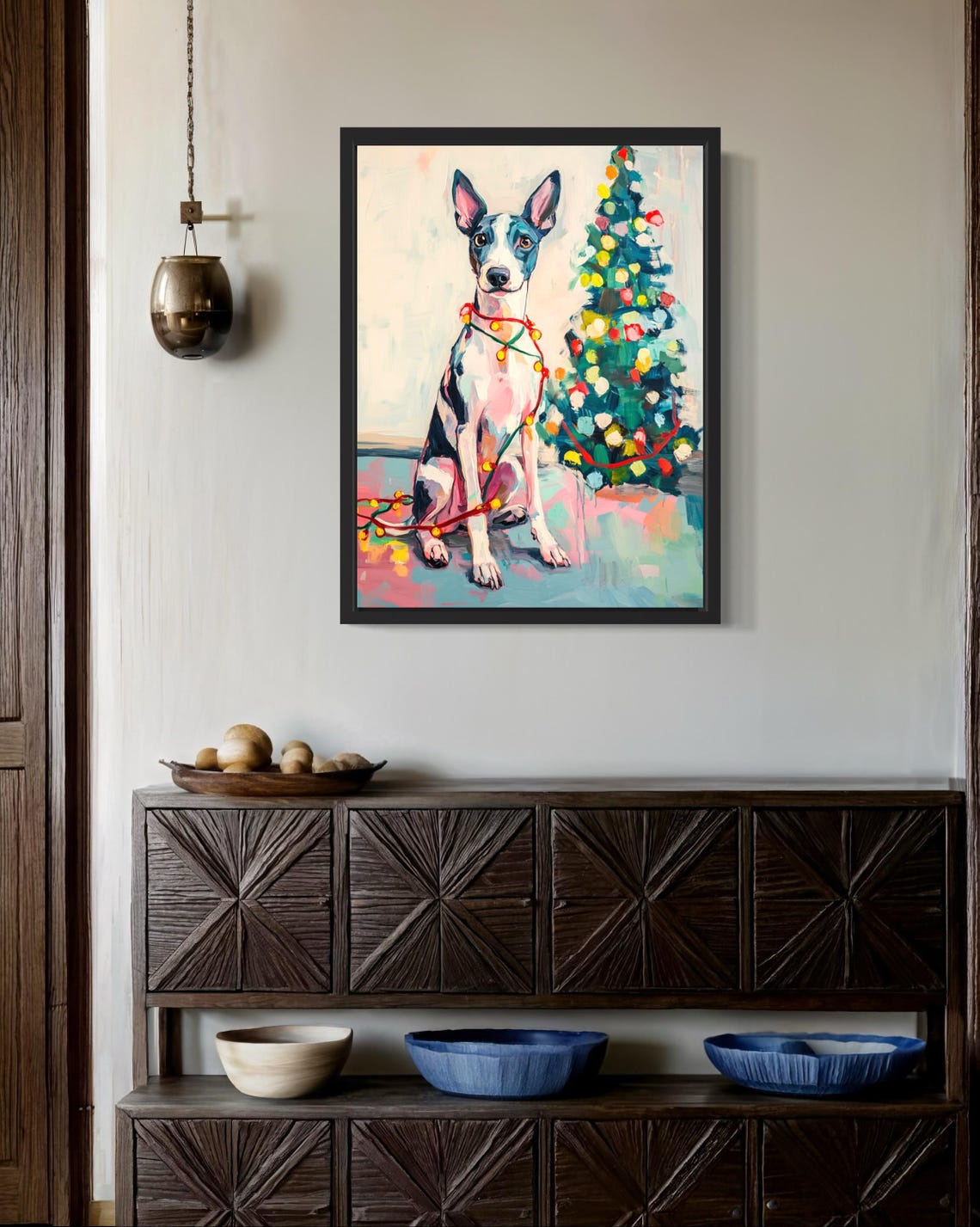 Whippet Dog Wrapped in Red Christmas Lights by Holiday Tree Poster - Image 2