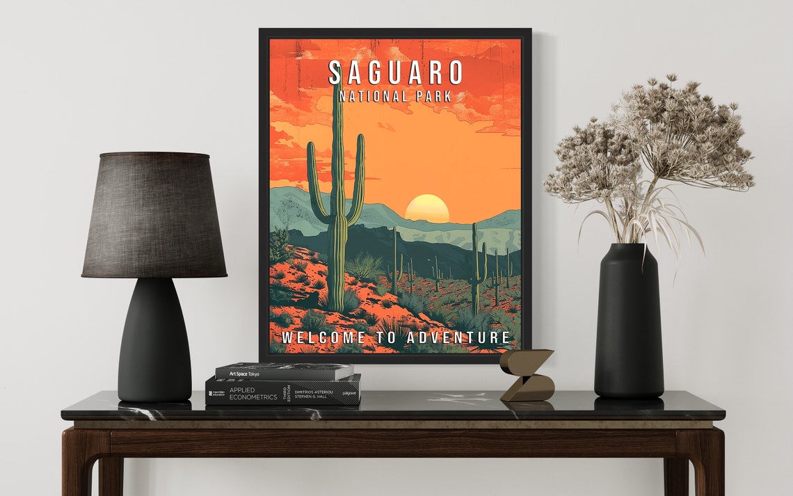 Saguaro National Park Arizona Giant Cactus Sunset Retro Travel Poster - Image 3