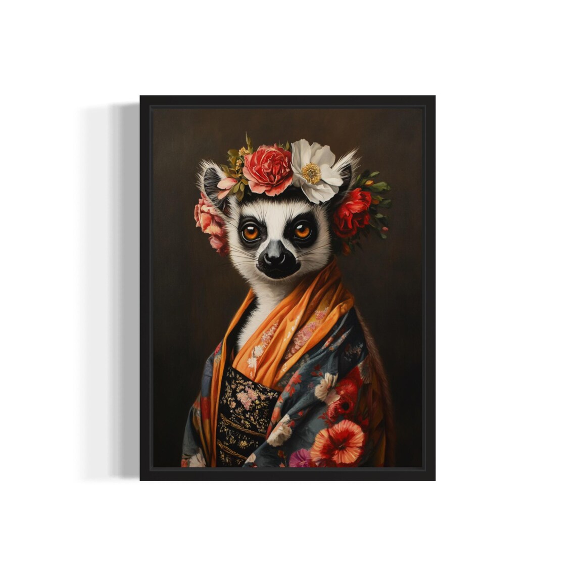 Ring Tailed Lemur In Blue Floral Kimono With Rose Crown Art Print