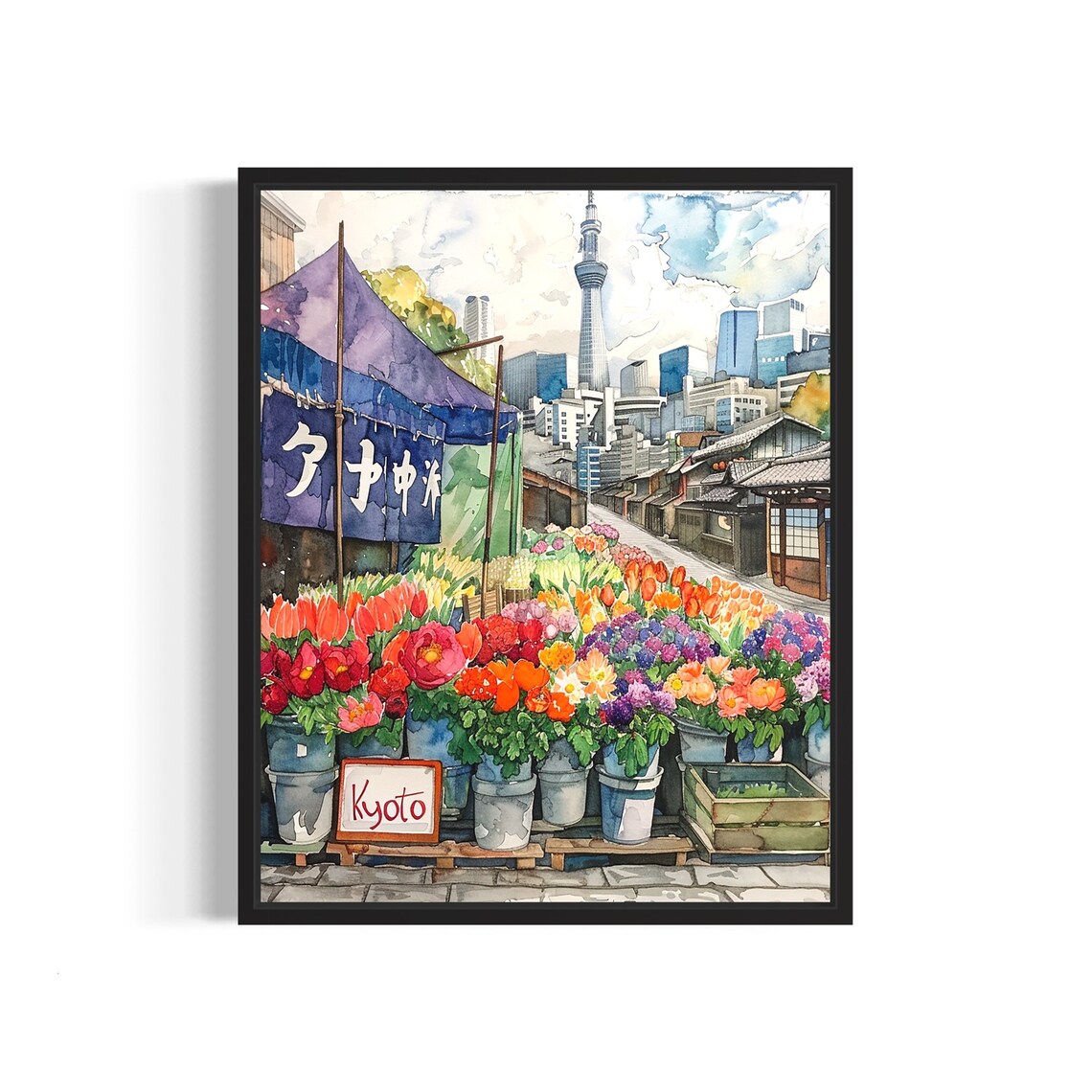 Kyoto Japan Historic Street Watercolor Flower Market Scene Poster