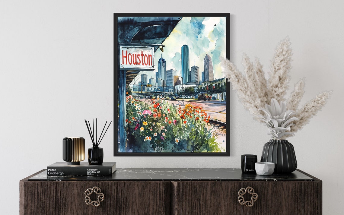 Houston Texas Skyline Watercolor Wildflower Scene Art Poster - Image 2