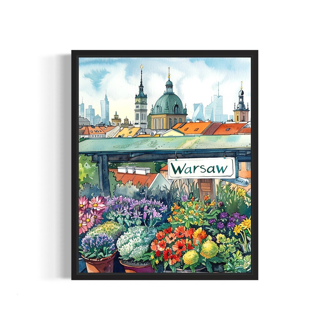 Warsaw Poland Flower Market Watercolor Old Town Church Towers Poster