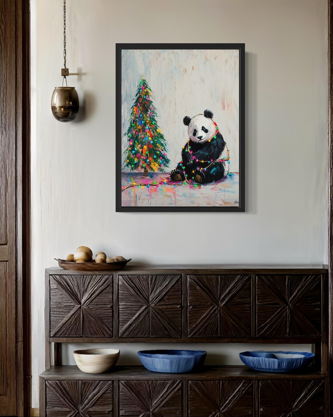 Panda Tangled In Christmas Lights Art Print - Image 3