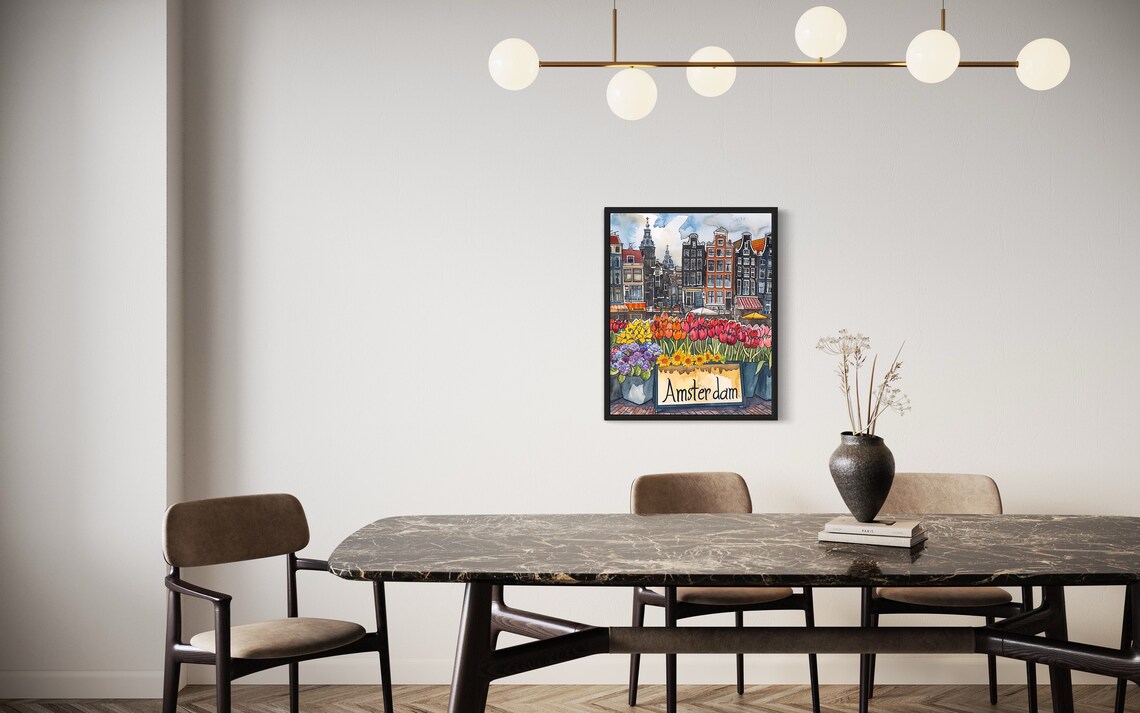 Amsterdam Canal Houses Watercolor Tulip Market Plaza Scene Poster - Image 2