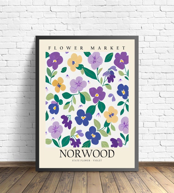 Norwood New Jersey Flower Market Art Print Norwood City Poster Violet Wall Art Botanical Pastel Artwork
