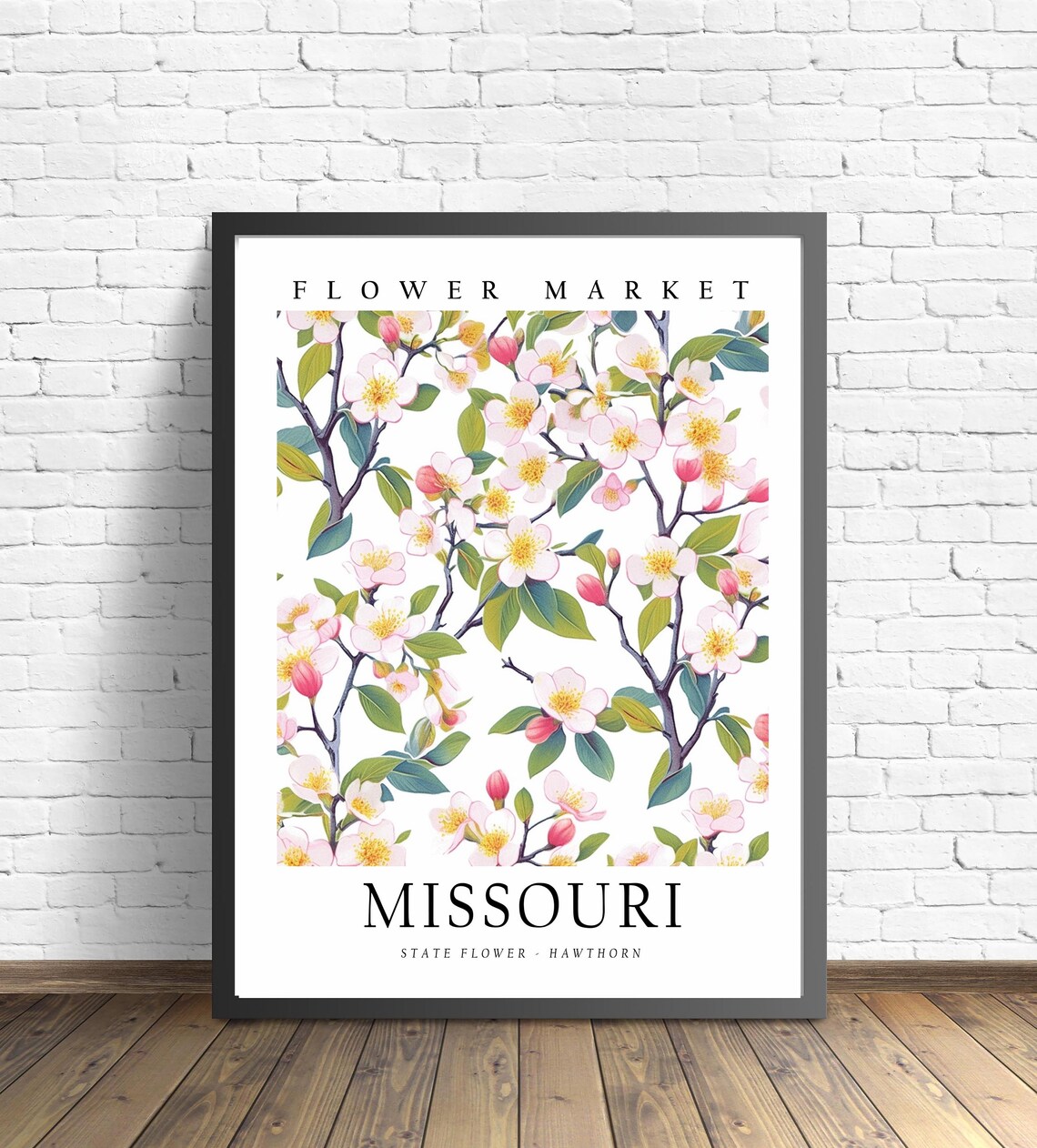 Missouri State Flower Hawthorn, Neutral Botanical Art Print - Image 2