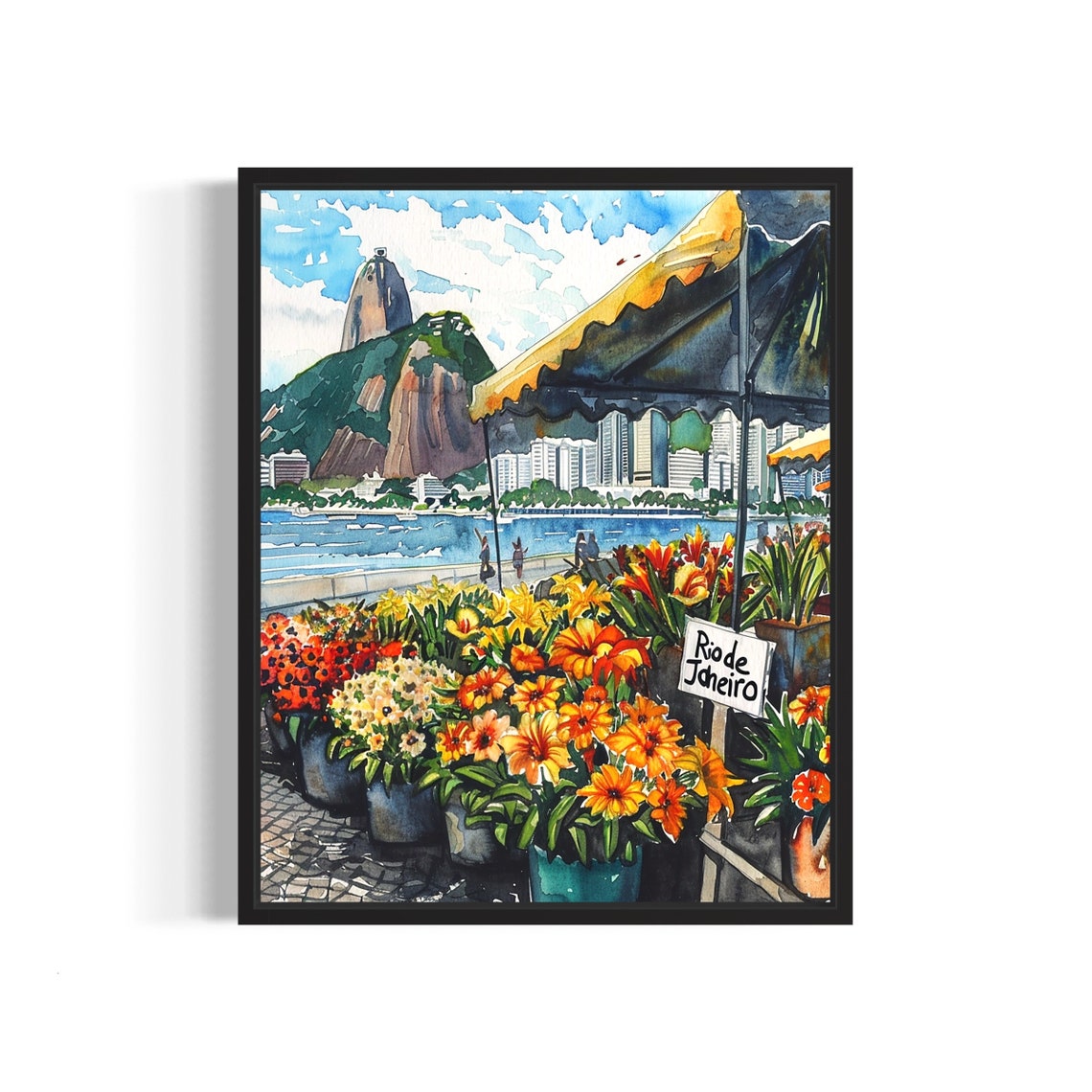 Rio de Janeiro Brazil Sugarloaf Watercolor Flower Scene Poster