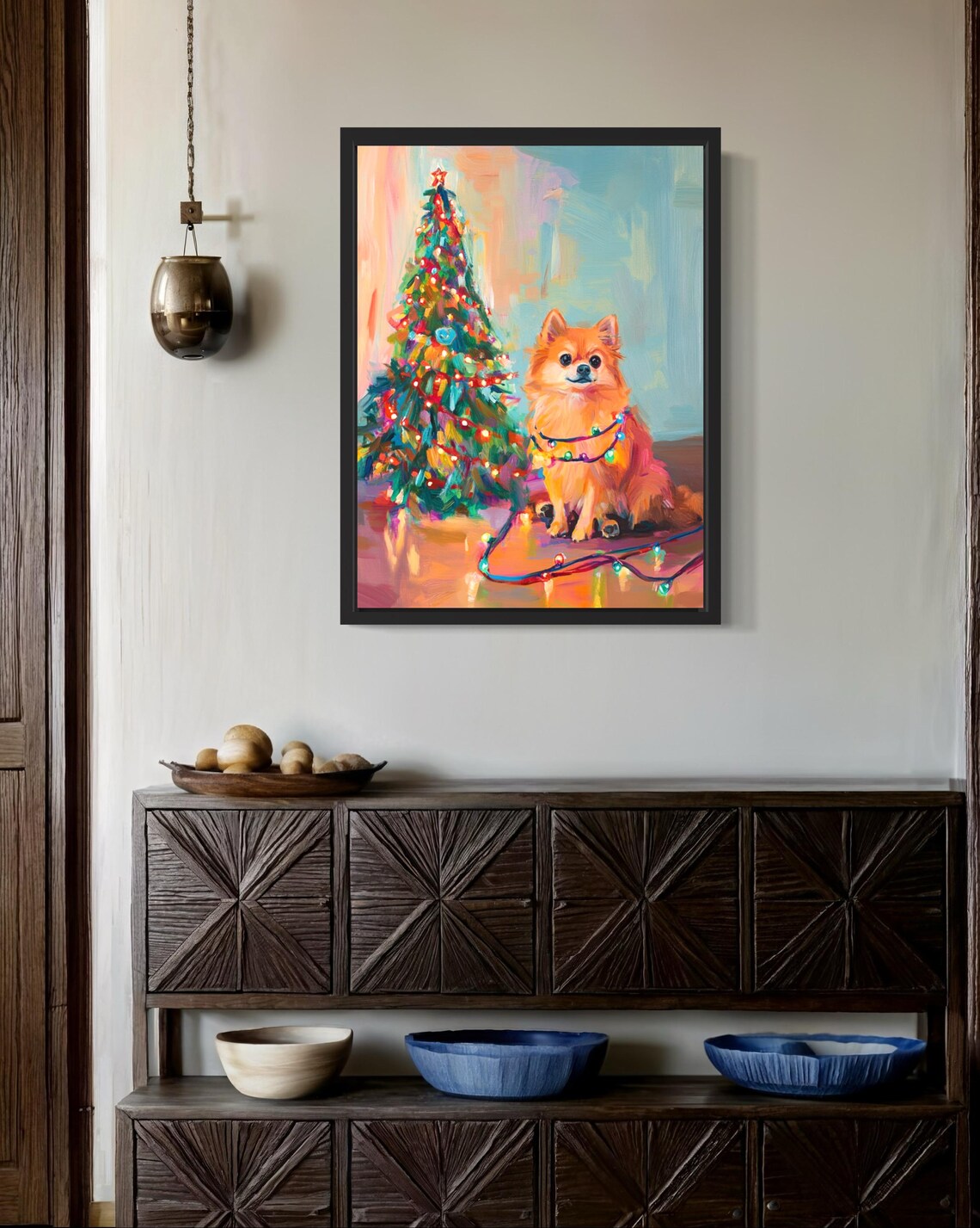 Pomeranian Dog Tangled in Christmas Lights Art Print - Image 2