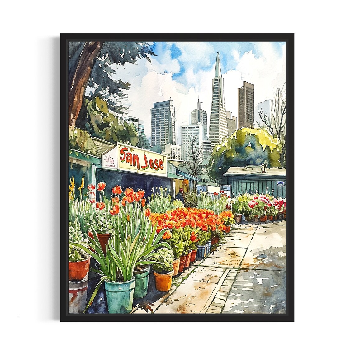 San Jose California Skyline Watercolor Flower Market Scene Poster