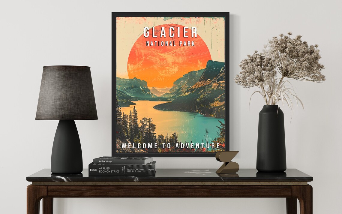 Glacier National Park Montana Lake Sunset Big Red Sun Travel Poster - Image 3
