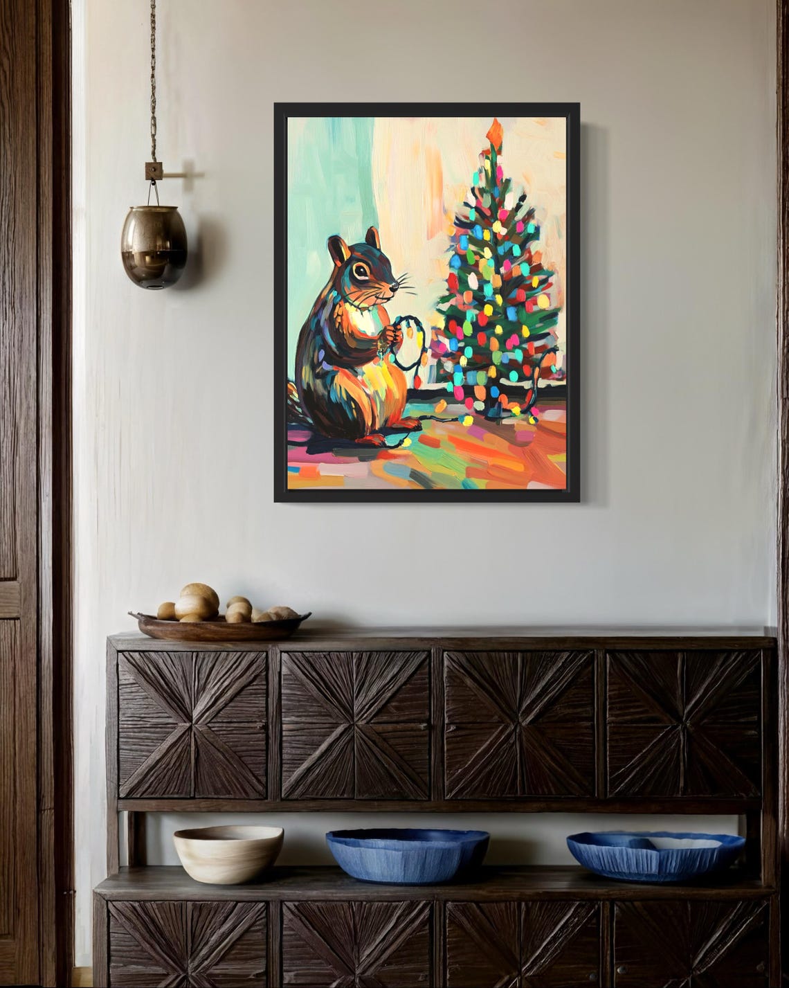 Squirrel Holding String of Colorful Christmas Lights Holiday Poster - Image 3