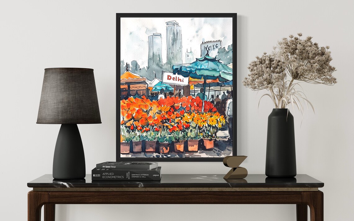 Delhi Flower Market Watercolor Poster Marigold Festival Street Scene - Image 2