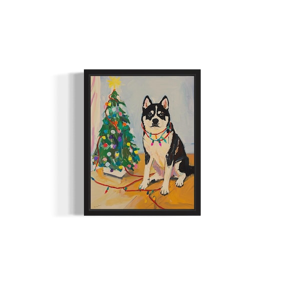 Siberian Husky Dog Tangled in Colorful Christmas Lights Holiday Poster