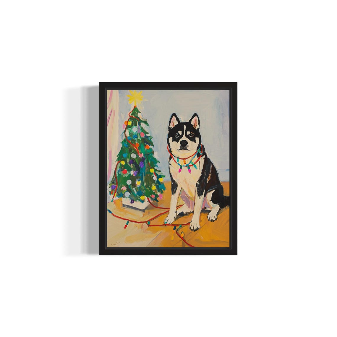 Siberian Husky Dog Tangled in Colorful Christmas Lights Holiday Poster