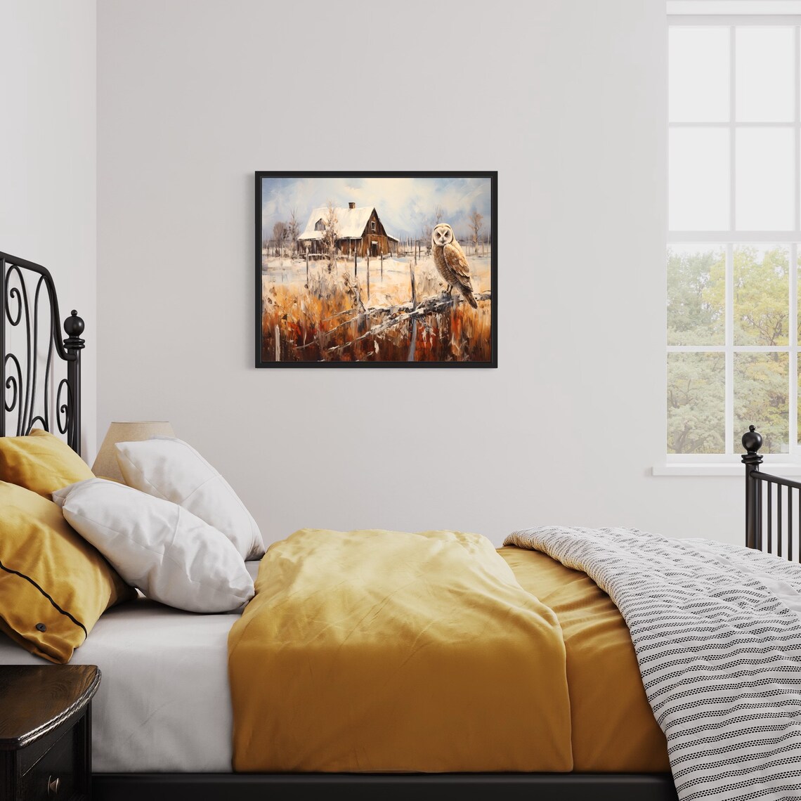 Owl Perched by Snowy Barn in Golden Winter Field Painting Poster - Image 2