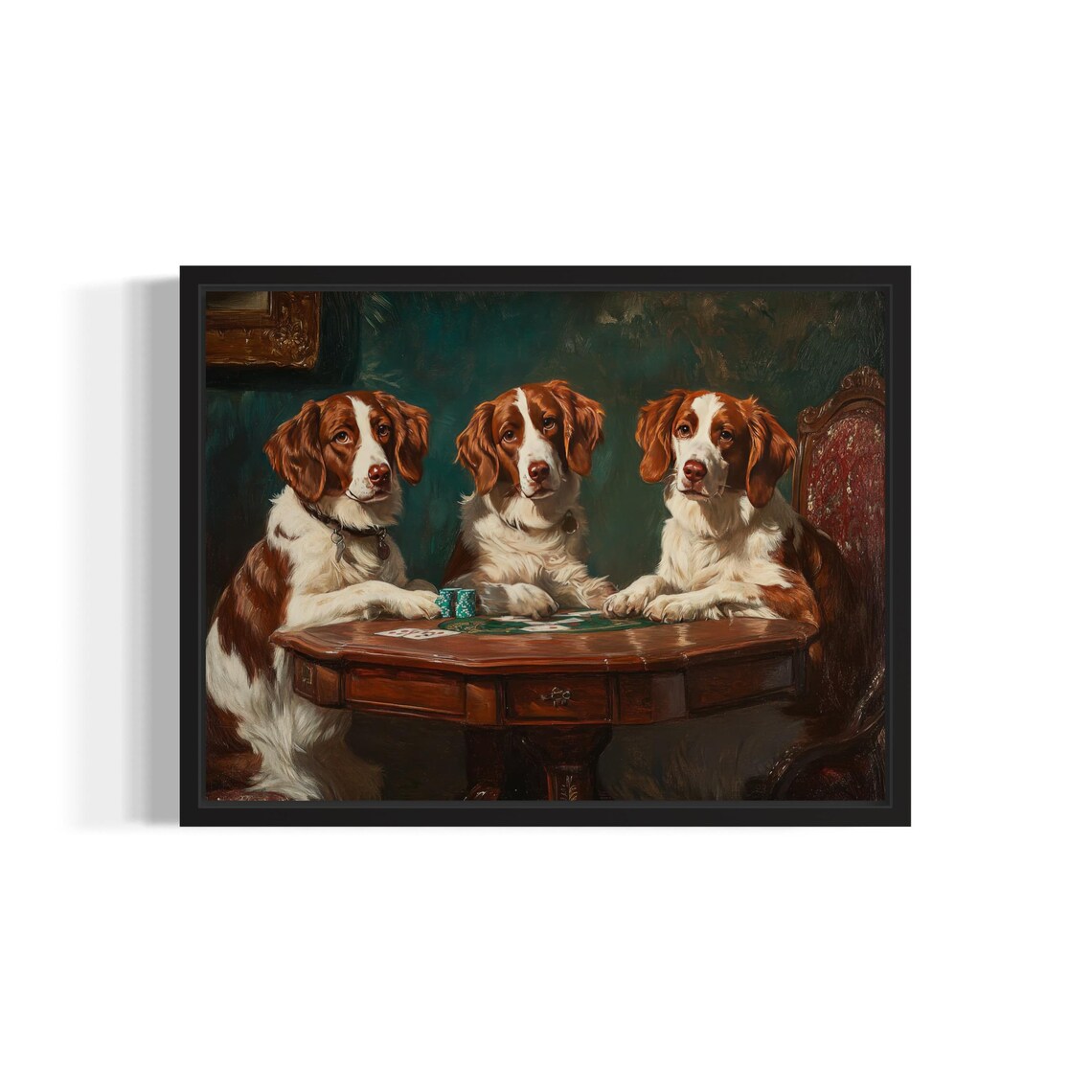 Three Brittany Spaniel Dogs Playing Poker Card Game Painting Poster