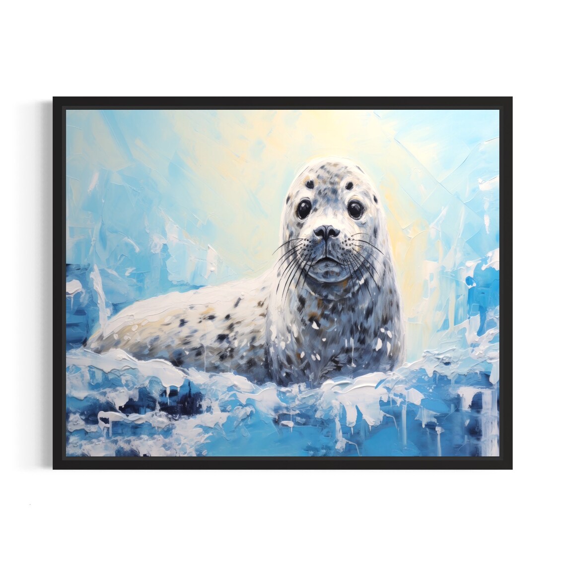 Cute Baby Harp Seal on Blue Ice Floes Winter Painting Poster