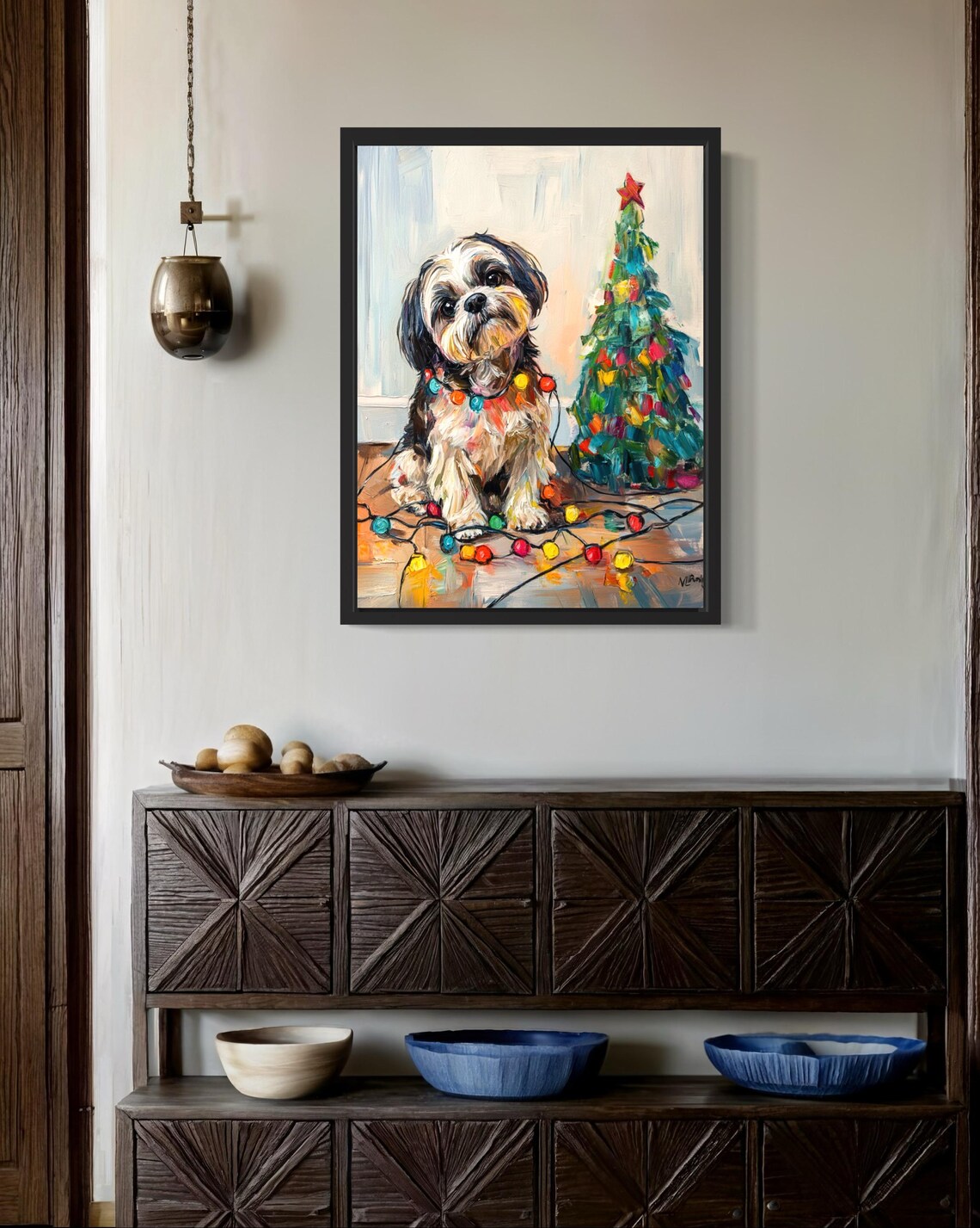 Shih Tzu Puppy Wrapped in Colorful Christmas Lights Holiday Poster - Image 2