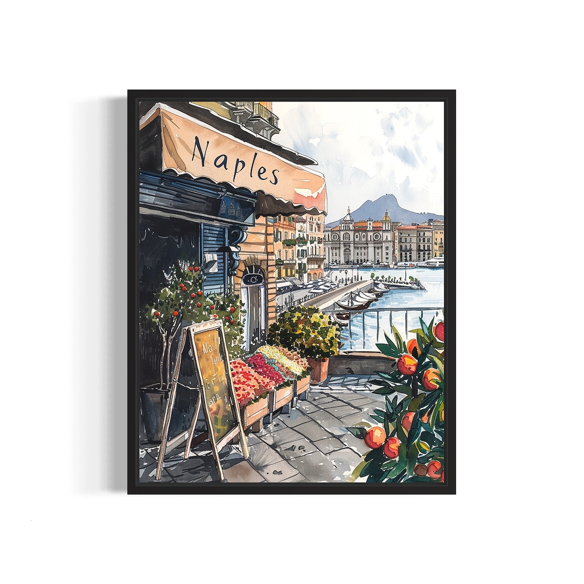 Naples Italy Bay Waterfront Watercolor Flower Market Scene Poster