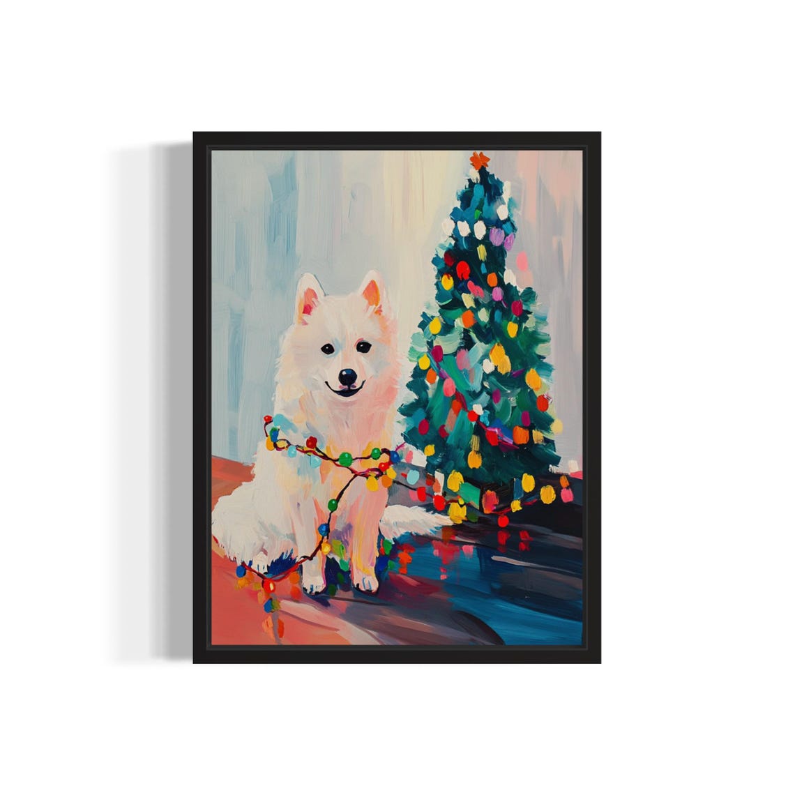 Samoyed Dog Wrapped in Colorful Christmas Lights Holiday Poster