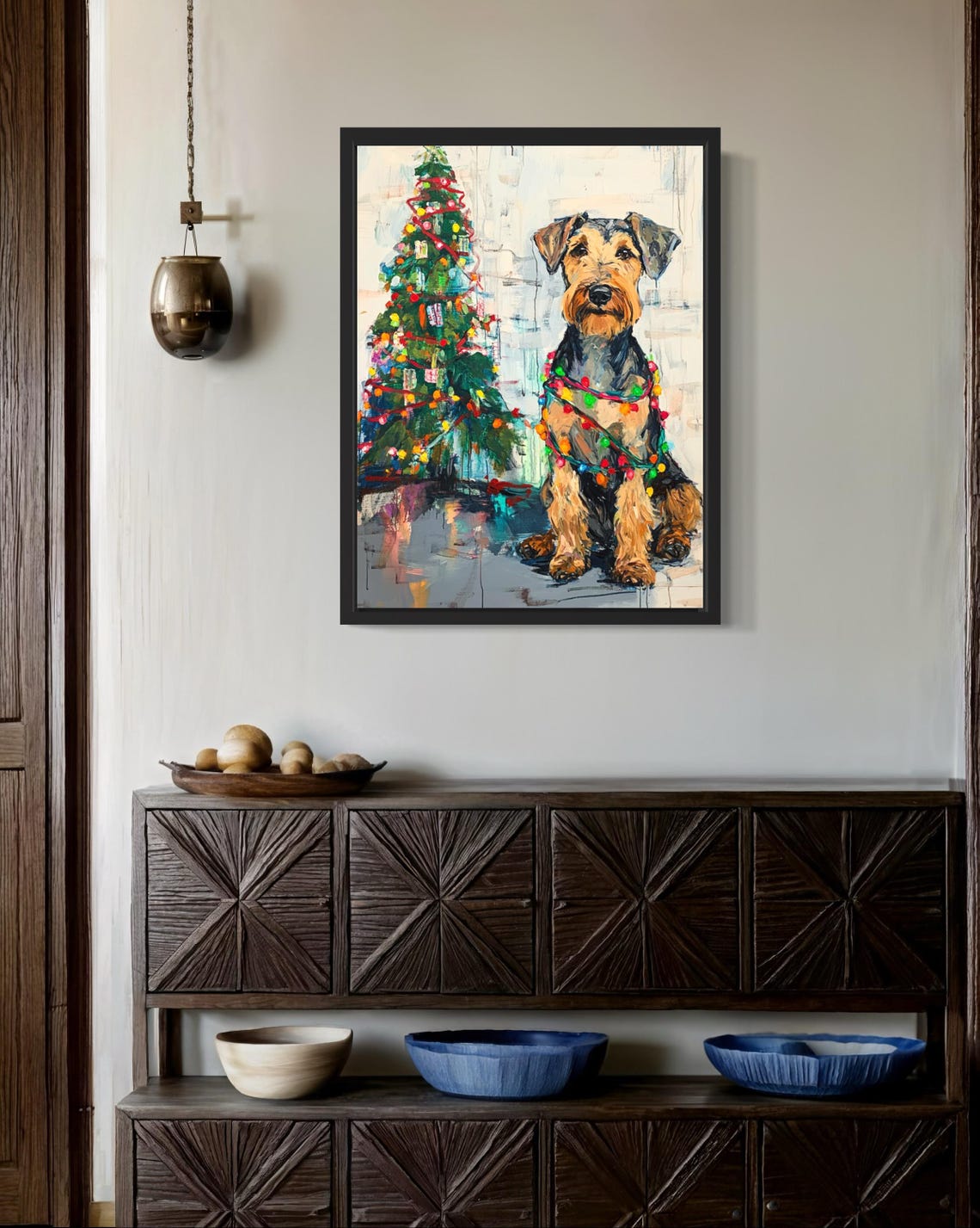 Airedale Terrier Dog Wrapped in Bright Christmas Lights Holiday Poster - Image 2