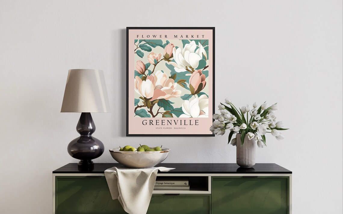 Greenville Mississippi Flower Market Art Print Greenville Flower Wall Art Magnolia Botanical Pastel Artwork - Image 3