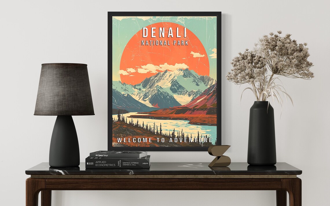 Denali National Park Alaska Giant Red Sun Peak Sunset Vintage Poster - Image 3