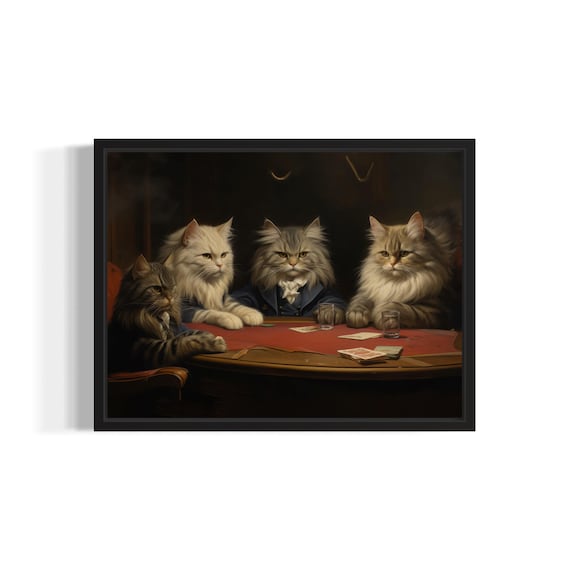 Persian Cats Playing Poker Card Game Feline Humor Vintage Poster