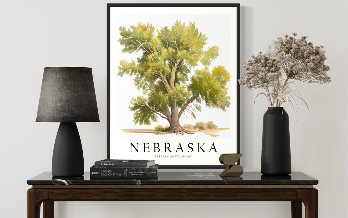 Nebraska Eastern Cottonwood Green Watercolor Botanical Tree Poster - Image 3