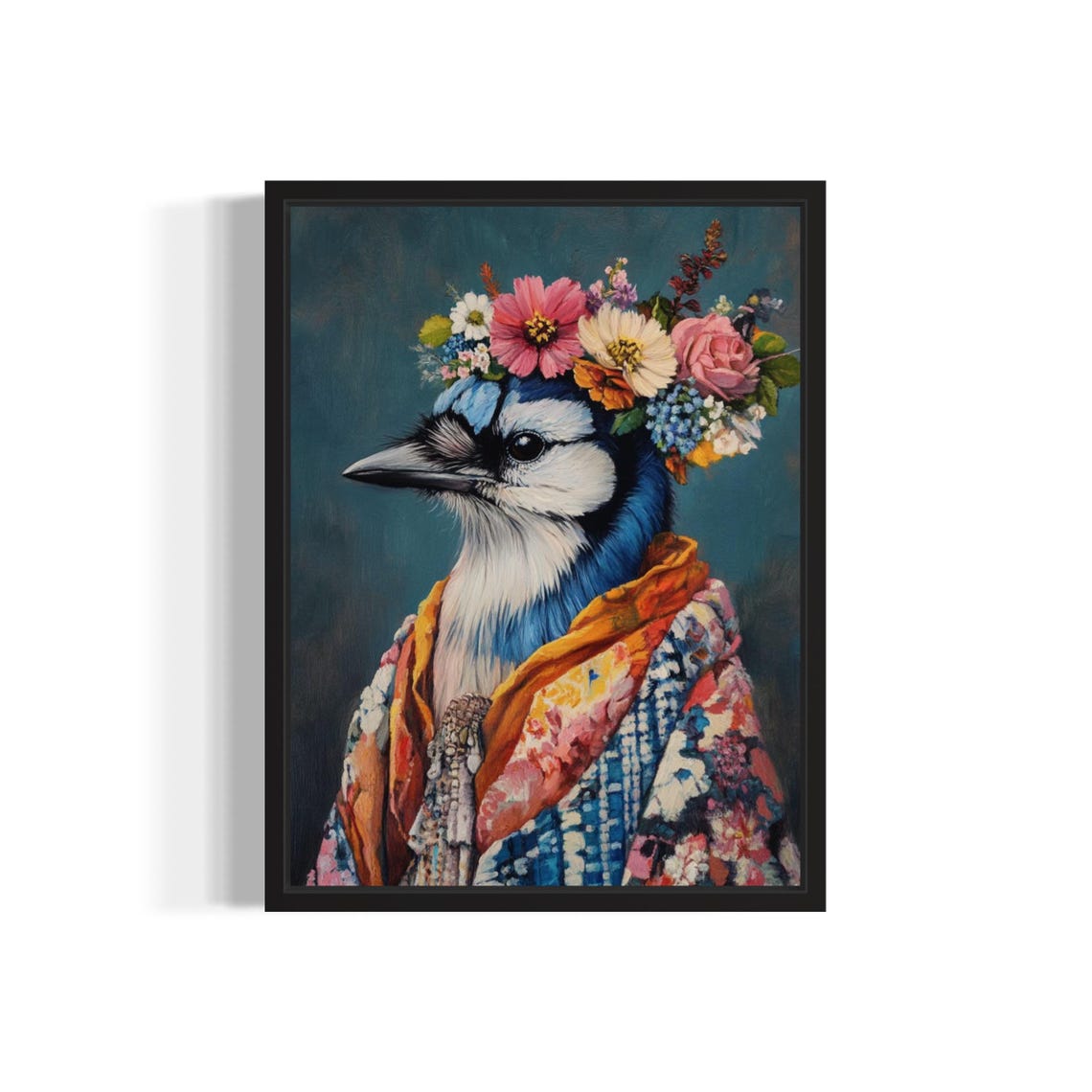 Blue Jay Flower Crown Kimono Portrait Japanese Style Bird Poster - Image 2
