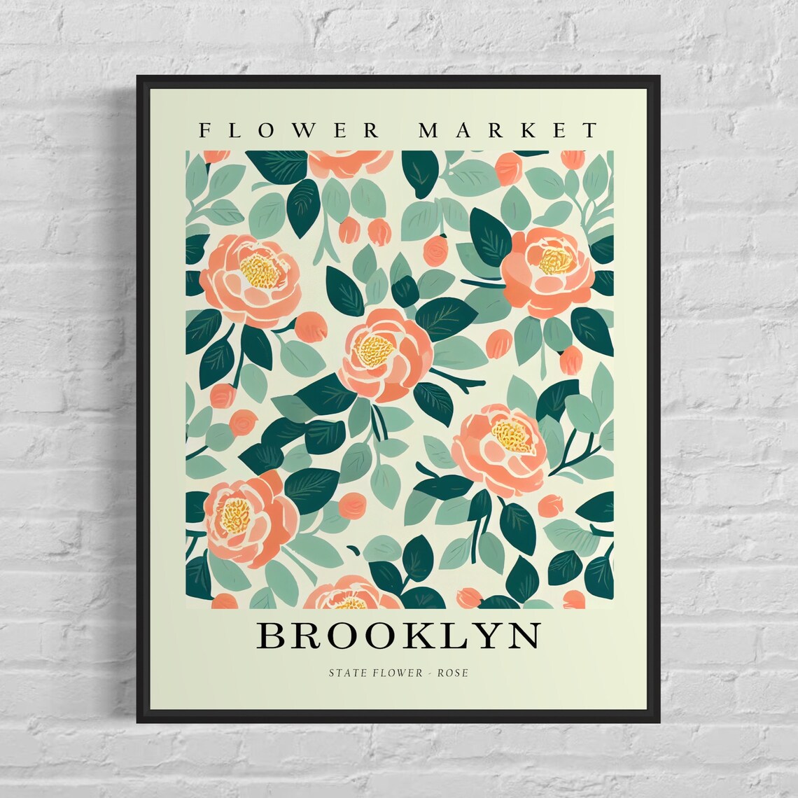 Brooklyn Rose Flower Market Poster with Coral Rose Blooms Design