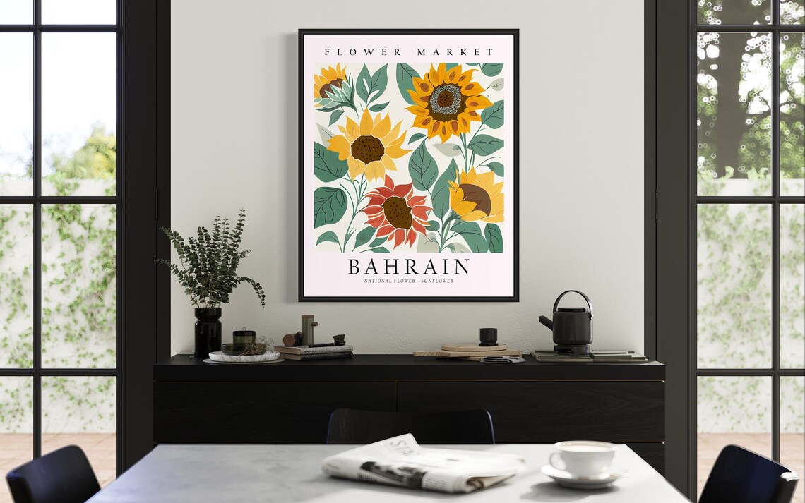 Bahrain Flower Market Sunny Yellow Sunflower Botanical Art Poster - Image 3