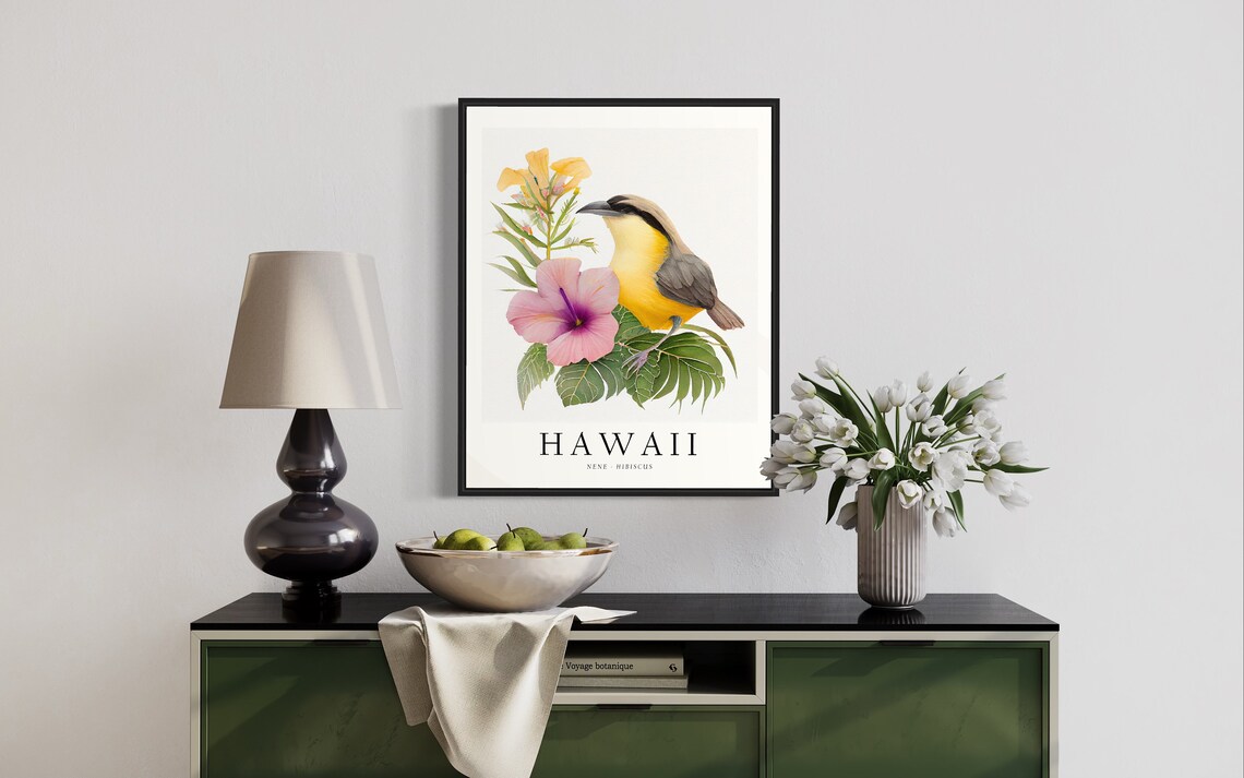 Hawaii Nene Hibiscus Tropical Island Bird Watercolor Poster Art - Image 2