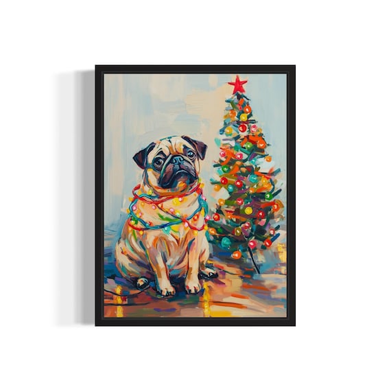 Pug Dog Tangled In Christmas Lights Poster