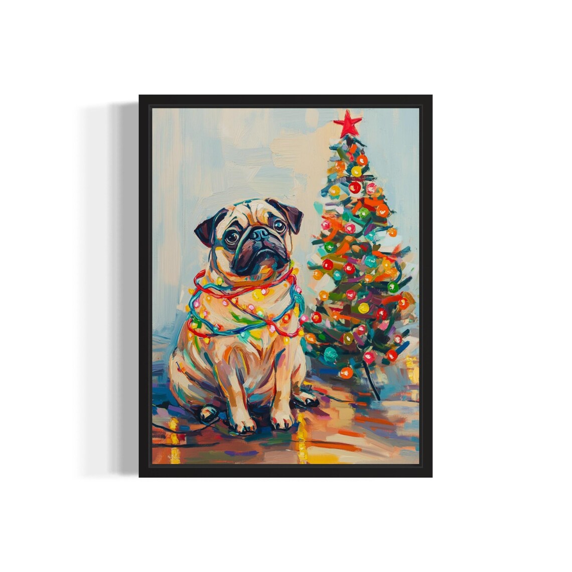 Pug Dog Tangled In Christmas Lights Poster