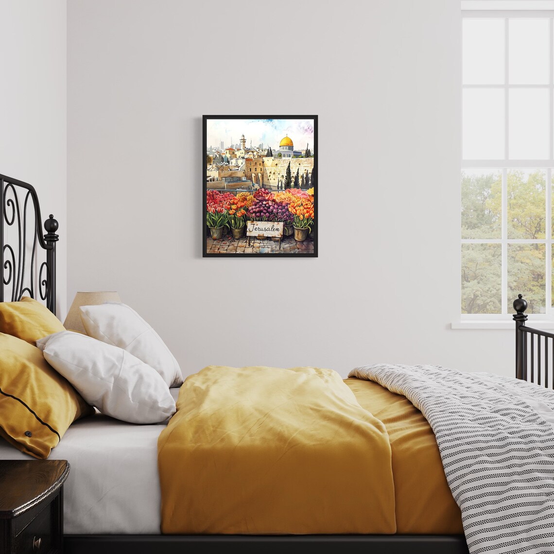 Jerusalem Old City Golden Dome Watercolor Flower Market Poster - Image 3
