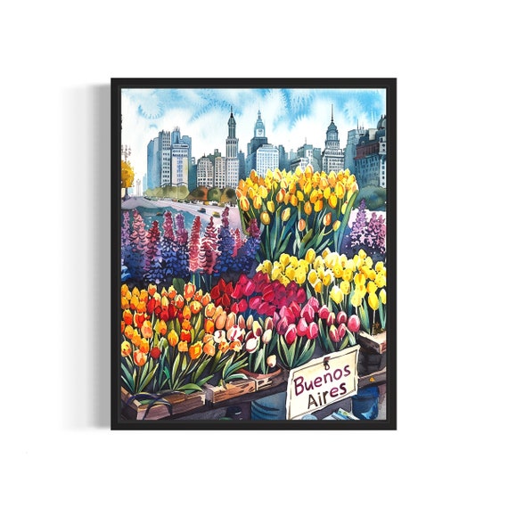 Buenos Aires Argentina Flower Market Poster Art Print Neutral Botanical Pastel Artwork Wall Art Painting Bedroom Restroom Decor