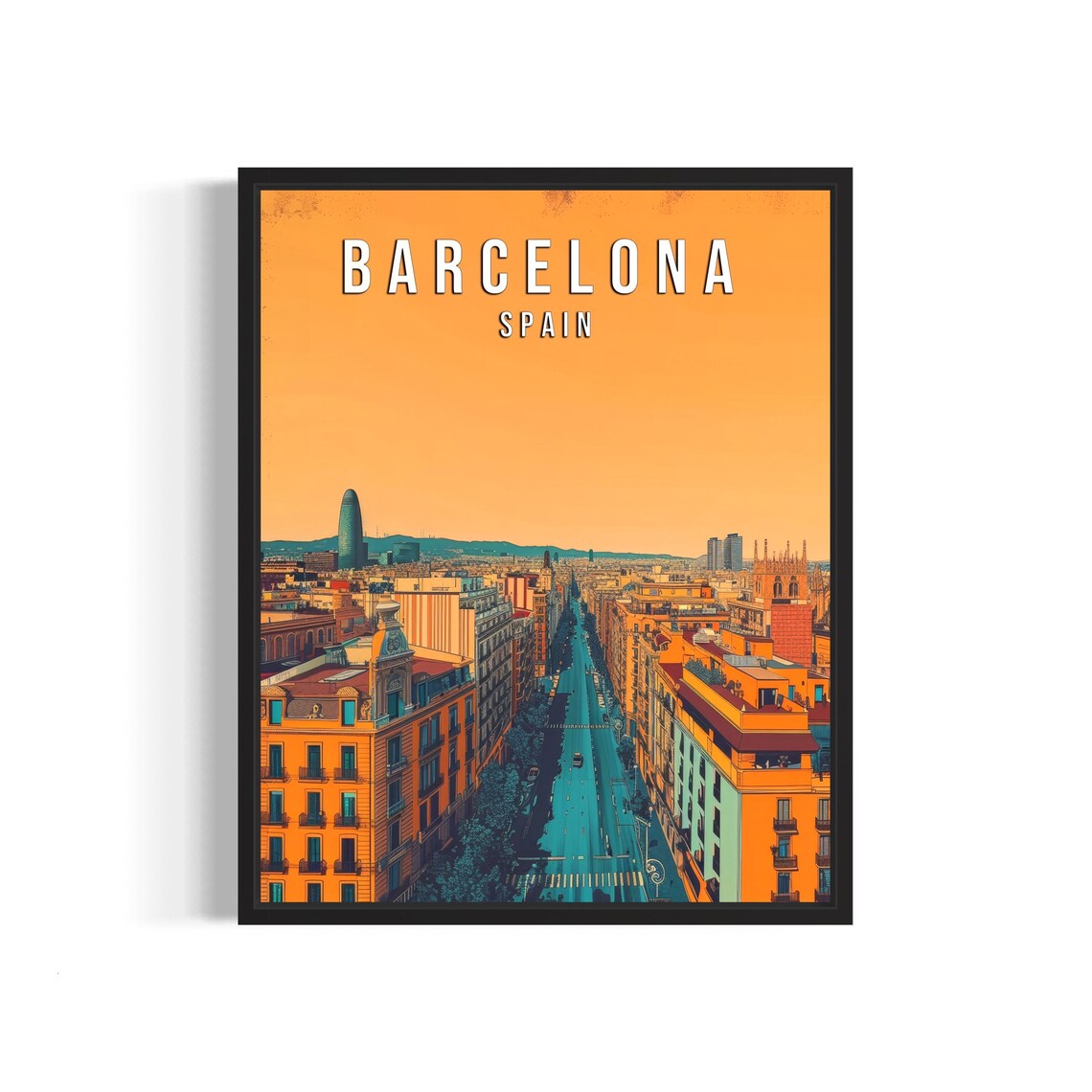 Barcelona Spain Cityscape Vintage Retro Travel Sunset Art Poster