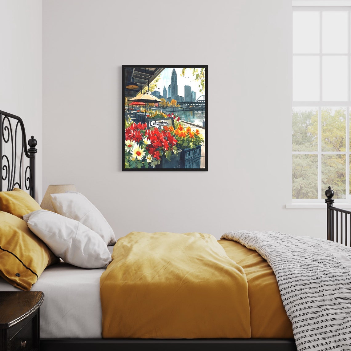 Columbus Flower Market Watercolor Poster Autumn Riverside Scene - Image 3