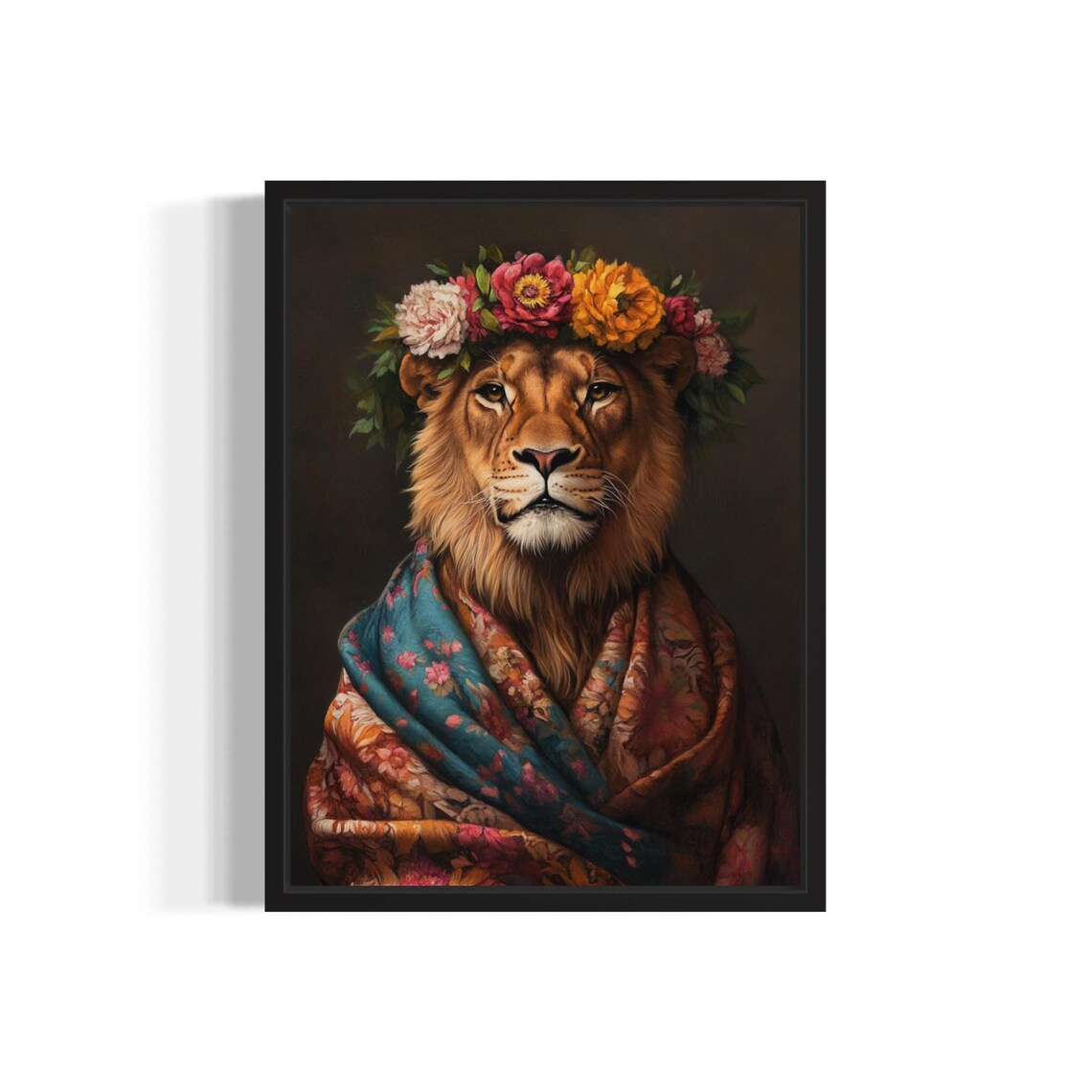 Male Lion With Flower Crown In Teal And Rust Floral Kimono Art Print