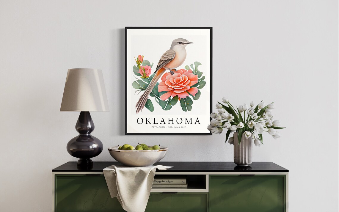 Oklahoma State Bird Art Print, State Flower Wall Art - Image 2