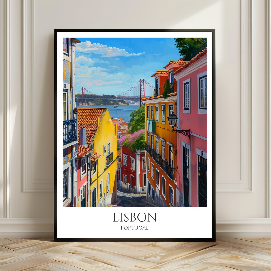 Lisbon Colorful Hillside Street Bridge View Portugal Travel Poster
