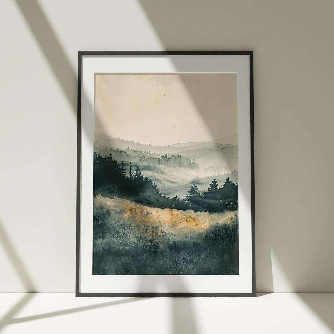 Misty Pine Valley Watercolor Golden Morning Forest Art Poster