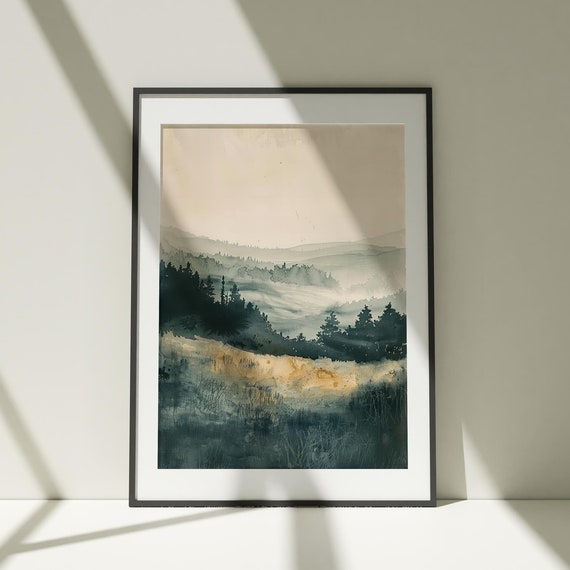 Mountain Forest Landscape Print Painting Wall Art Poster Watercolor Illustration Nature Minimalist Decor Farm House Artwork