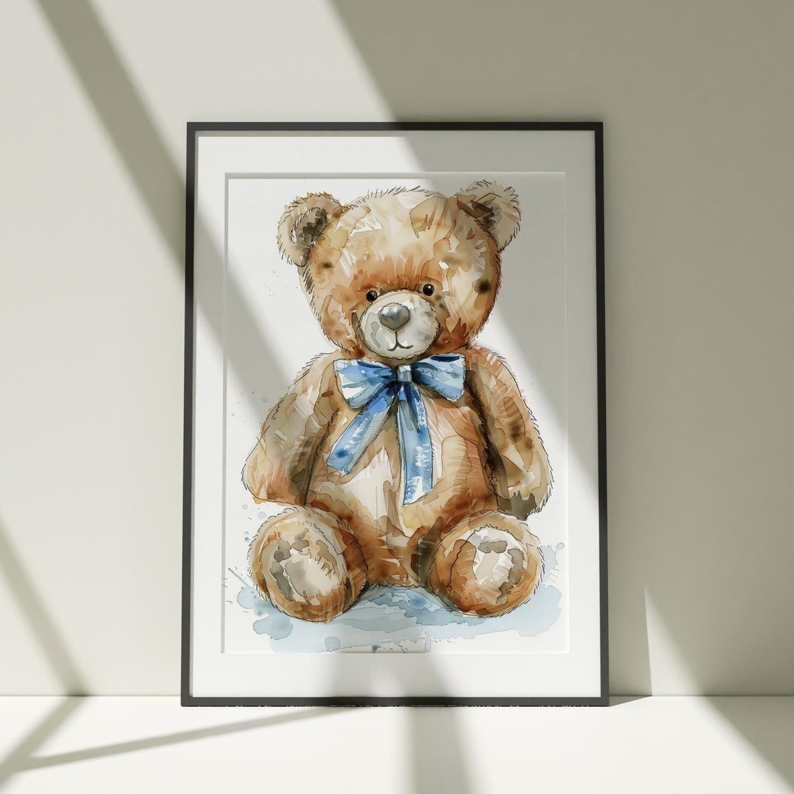 Teddy Bear Watercolor Blue Bow Nursery Baby Room Decor Art Poster